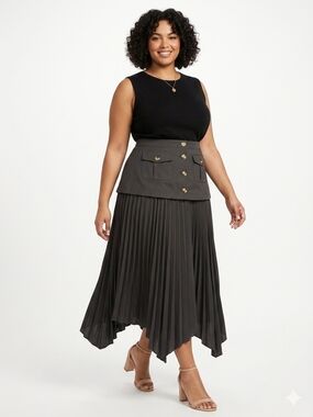 Pleated High-Low Skirt with Buttoned Waist Panel in Charcoal